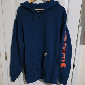 Carhartt Men's Navy Hoodie with Orange Logo